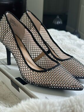 INC International Concepts Black Mesh Rhinestone Pointed Toe Heels